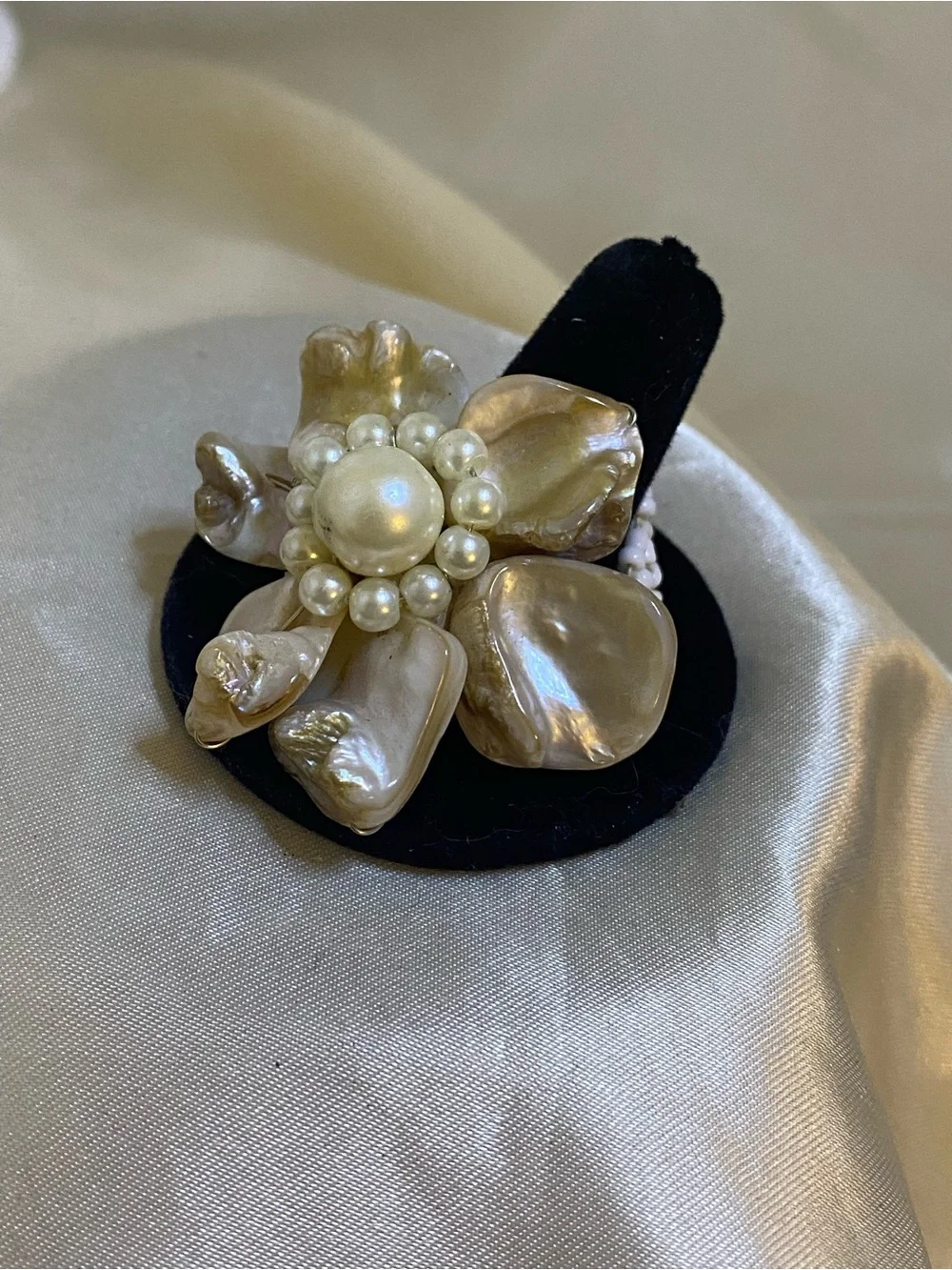 Vintage Mother-of-Pearl Flower Statement Ring with Faux Pearl Cluster